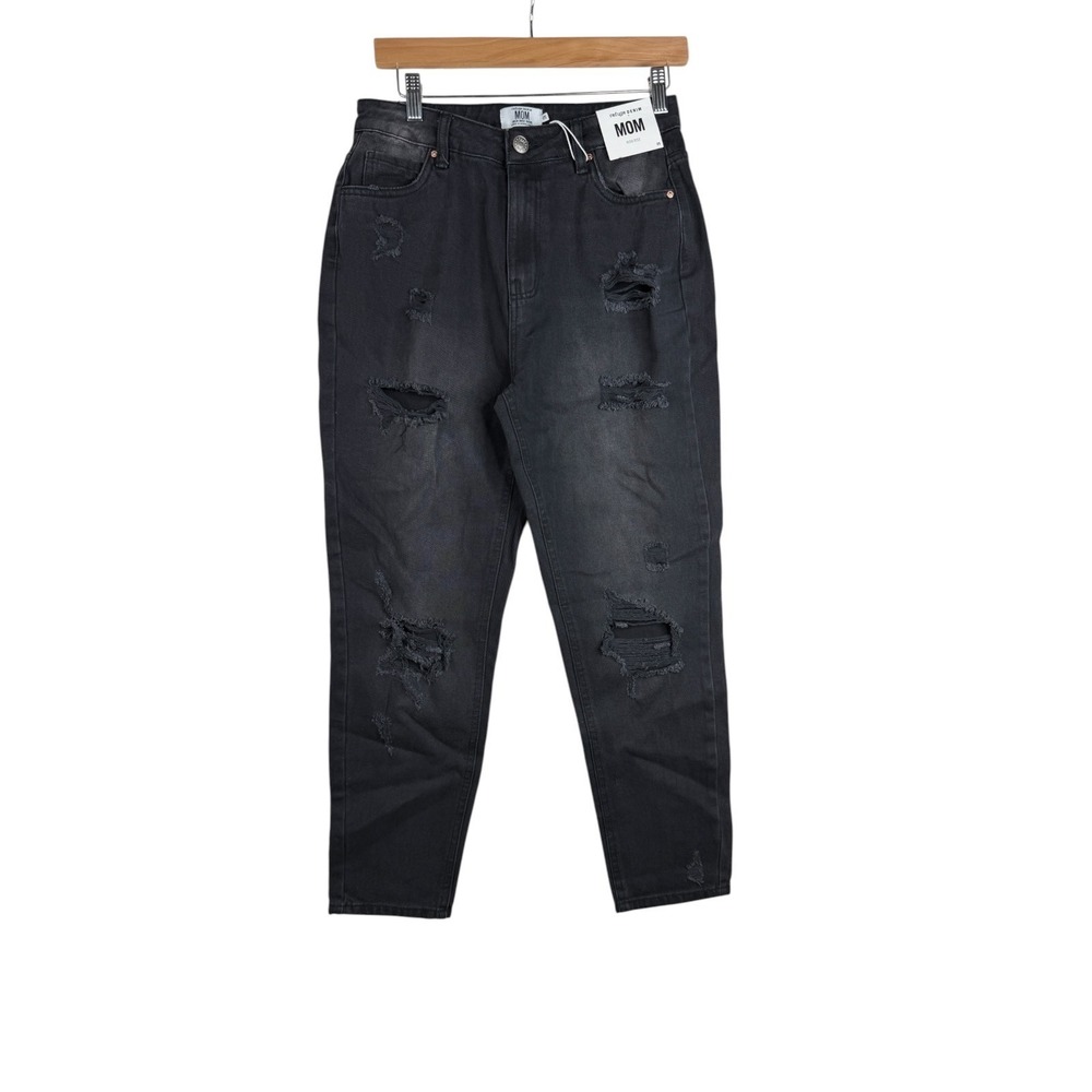 NWT Refuge Denim Women's Mom Jeans High Rise Rigid‎ Size 05 Black Distressed